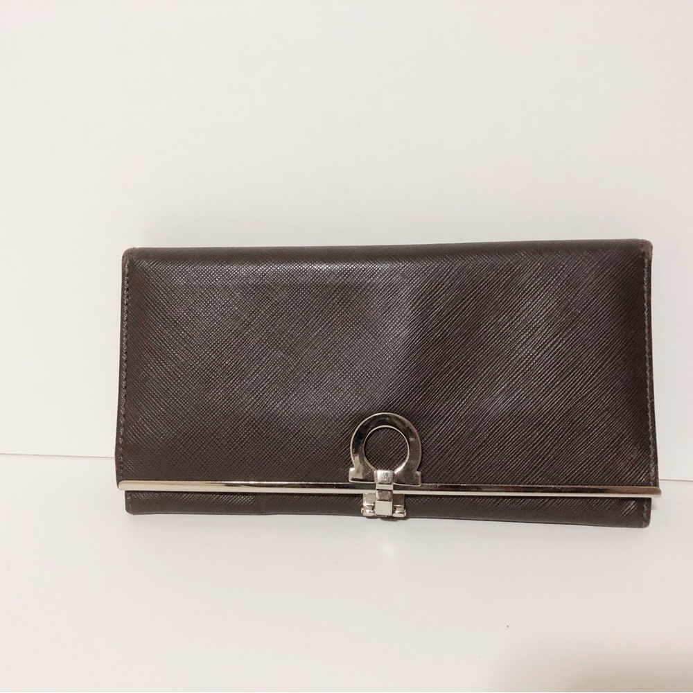 Authentic Salvatore Ferragamo Dark Chocolate Leather Long Wallet